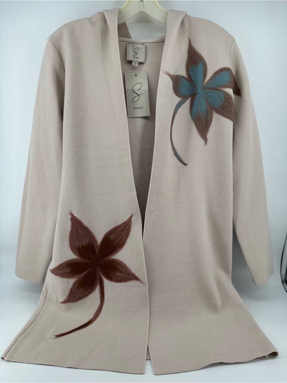 Sioni Women's Cream Beige Leaf Intarsia Hooded Open Front Cardigan Size M
